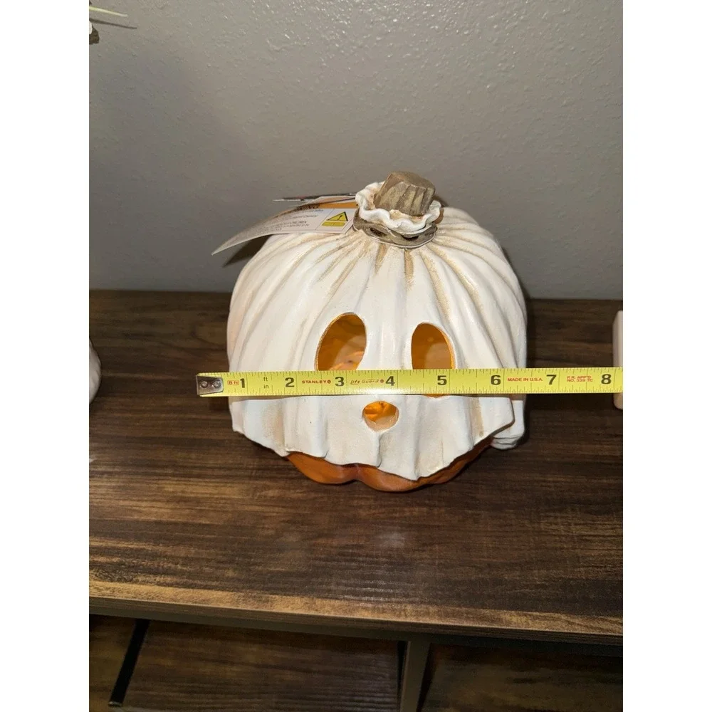 New Toil & Trouble Halloween Pumpkin With Ghost Mask  LED Light Up Larger One